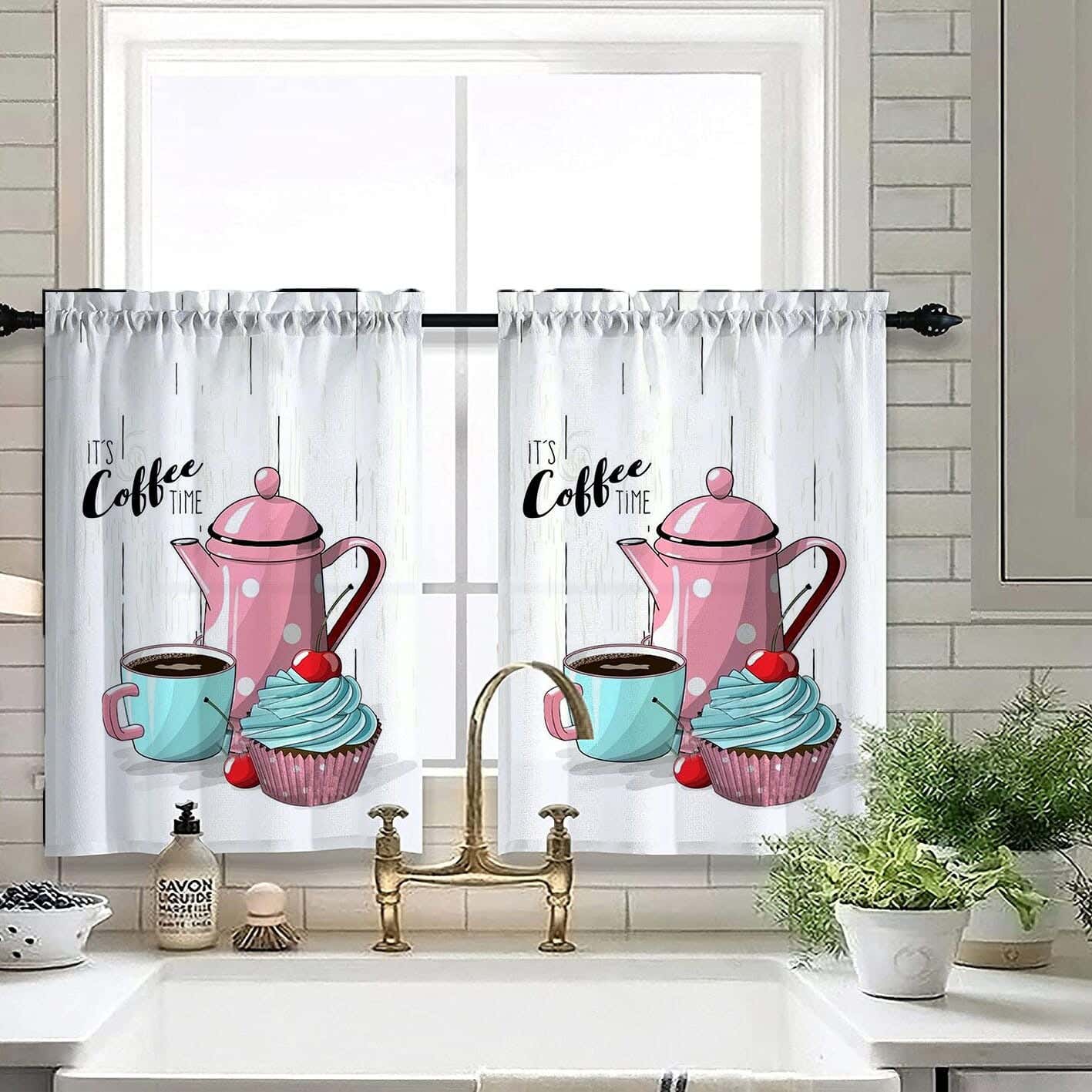 Velvet Kitchen Window Curtain, 2 Pieces, 145×100 Cm - Multicolor