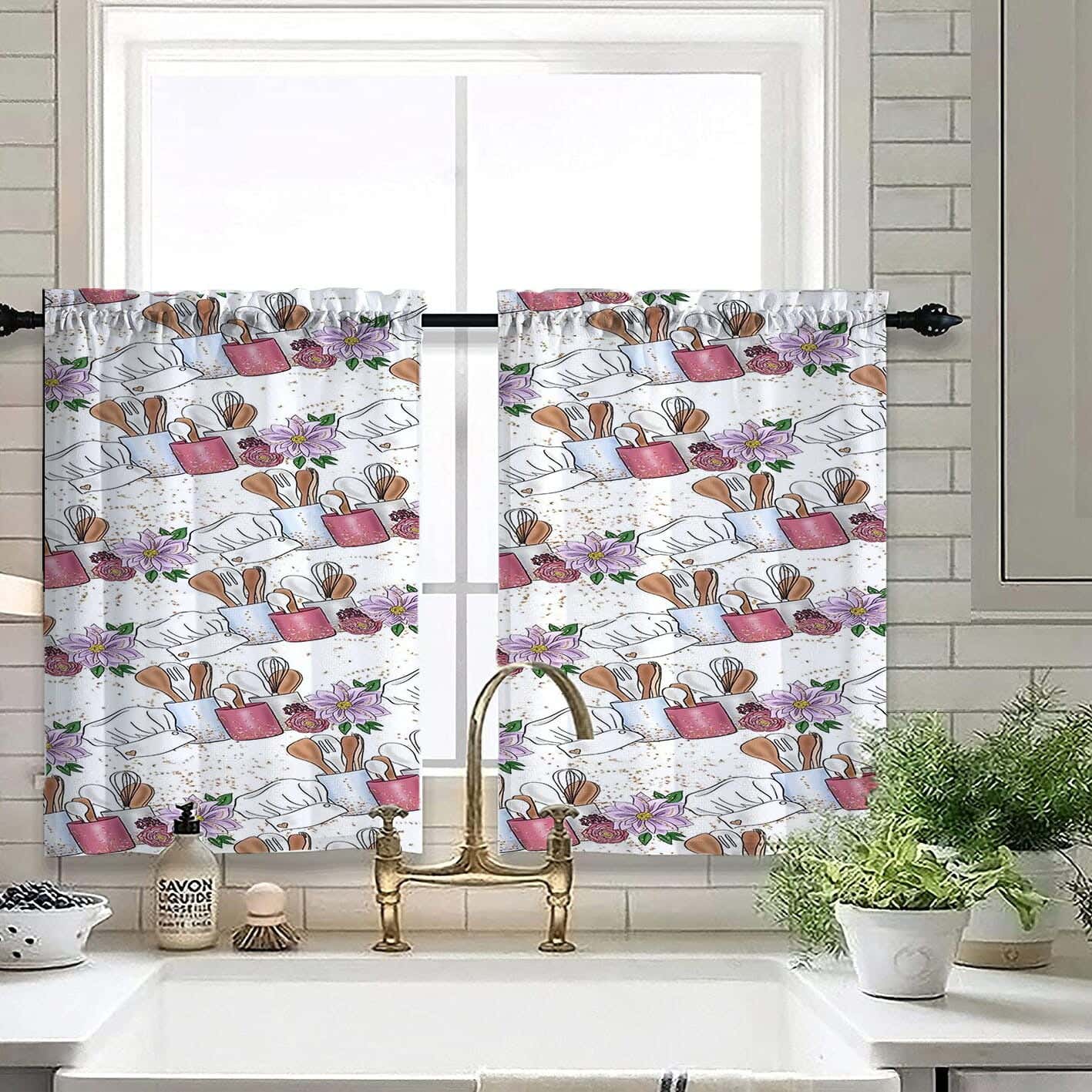 Velvet Kitchen Window Curtain, 2 Pieces, 145×100 Cm - Multicolor