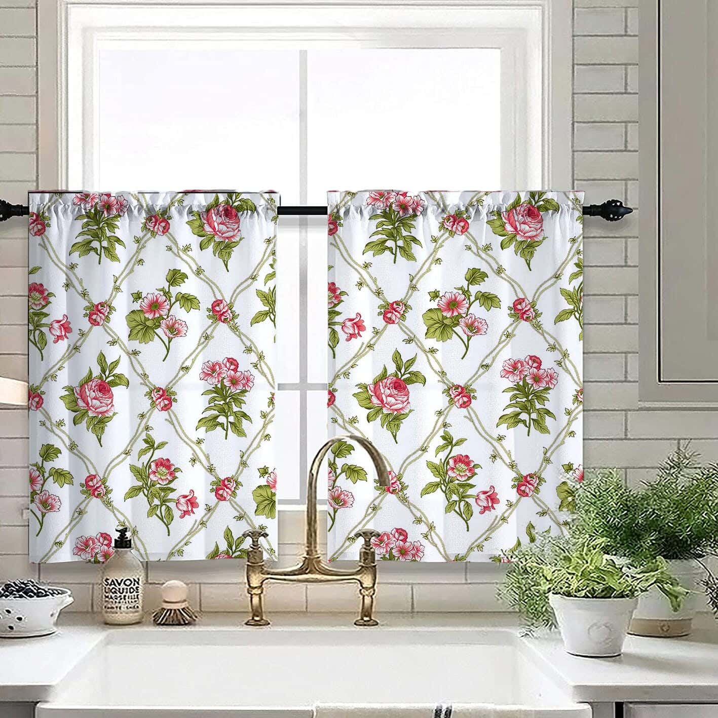 Velvet Kitchen Window Curtain, 2 Pieces, 145×100 Cm - Multicolor