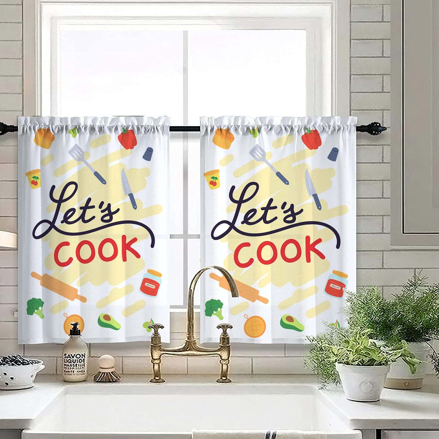 Velvet Kitchen Window Curtain, 2 Pieces, 145×100 Cm - Multicolor