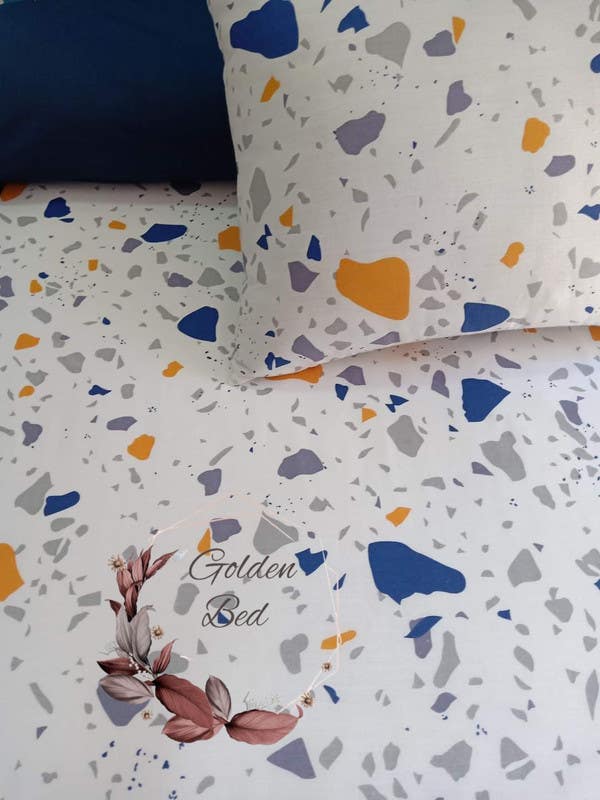 Printed bed sheet set with 2 pillowcases of the same pattern and a plain long pillow, navy blue, 260 * 240, four pieces - multi-colored