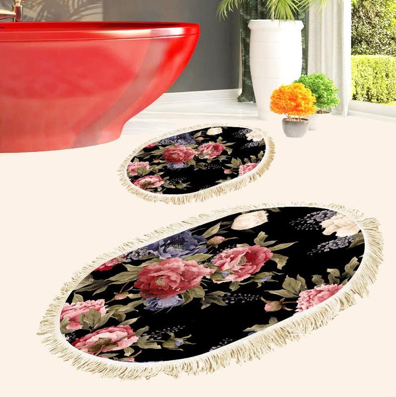 Velvet Bathroom Mat Set, 2 Pieces - Multicolor