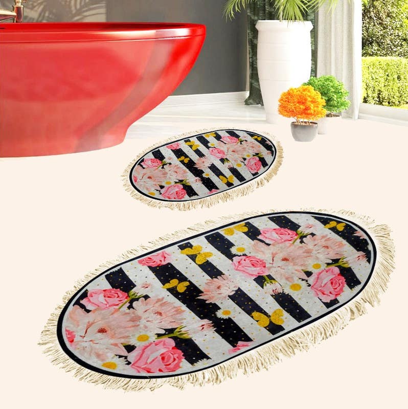 Velvet Bathroom Mat Set, 2 Pieces - Multicolor