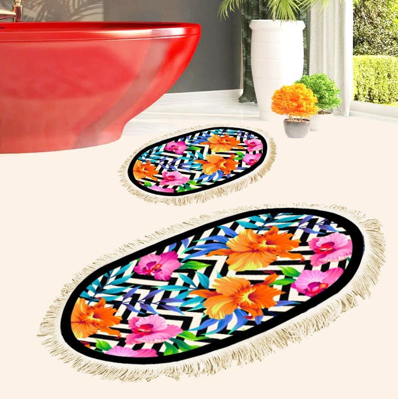 Velvet Bathroom Mat Set, 2 Pieces - Multicolor