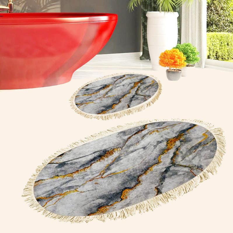 Velvet Bathroom Mat Set, 2 Pieces - Multicolor