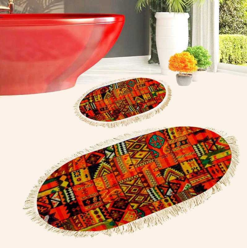 Velvet Bathroom Mat Set, 2 Pieces - Multicolor