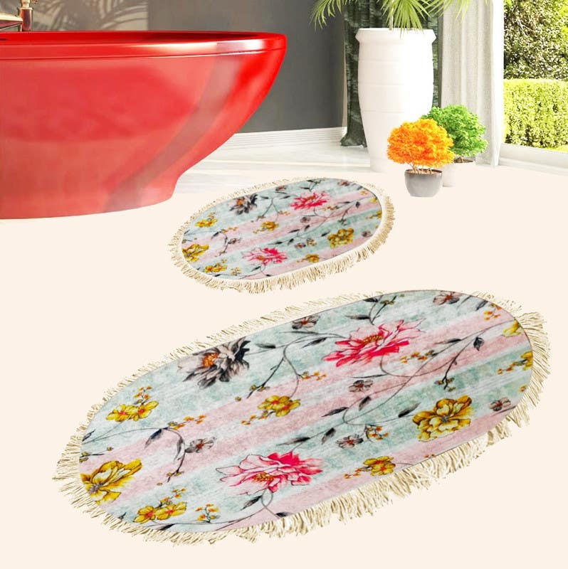 Velvet Bathroom Mat Set, 2 Pieces - Multicolor