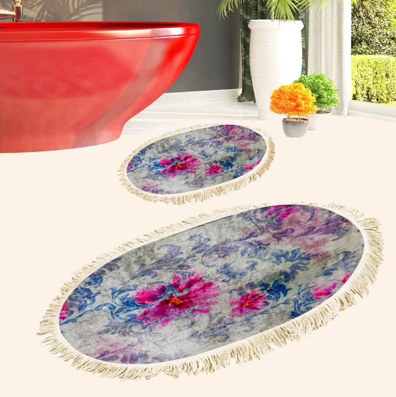 Velvet Bathroom Mat Set, 2 Pieces - Multicolor