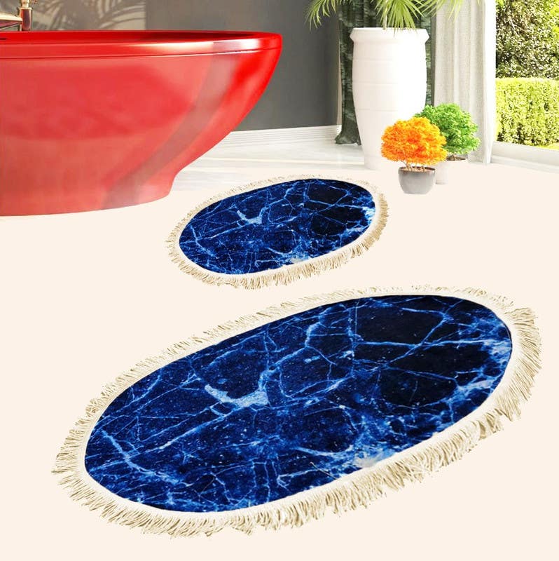 Velvet Bathroom Mat Set, 2 Pieces - Dark Blue
