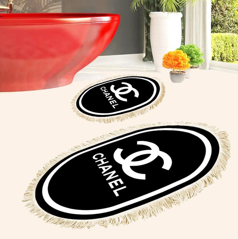 Velvet Bathroom Mat Set, 2 Pieces - Black White