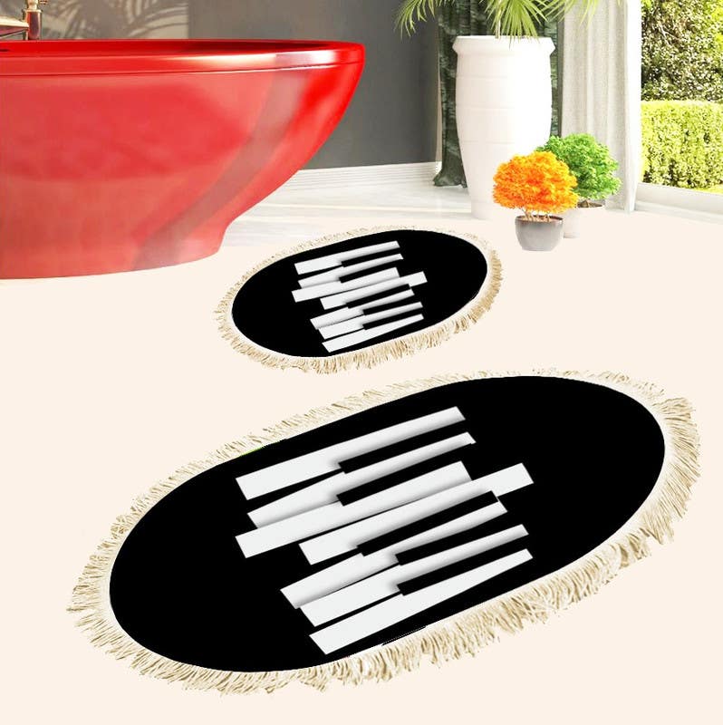 Velvet Bathroom Mat Set, 2 Pieces - Black White
