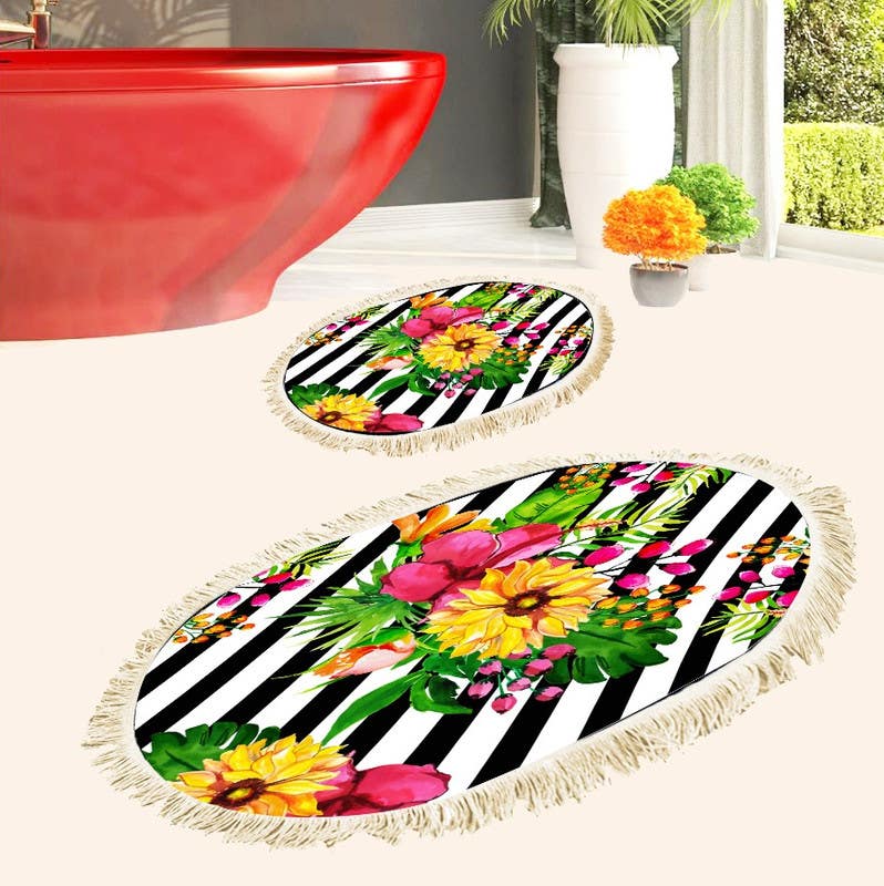 Velvet Bathroom Mat Set, 2 Pieces - Multicolor