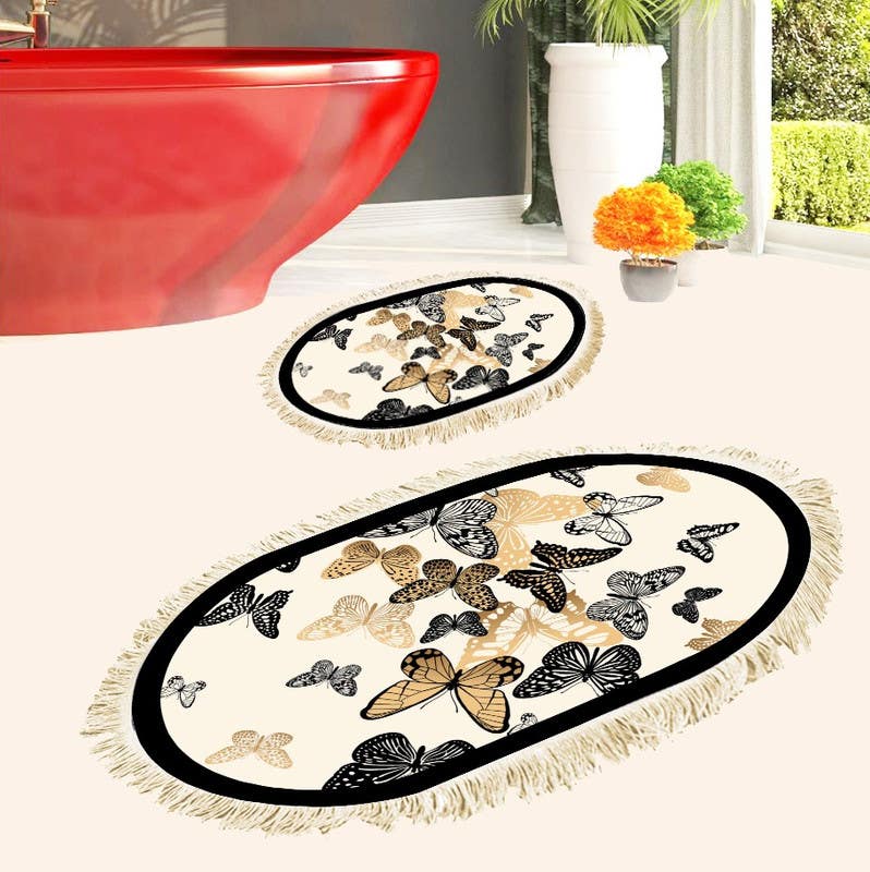Velvet Bathroom Mat Set, 2 Pieces - Multicolor