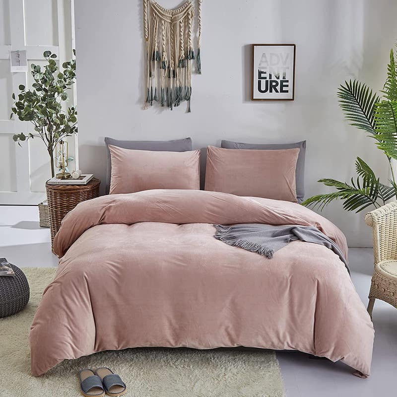 Velvet Quilt Cover Set, 4 Pieces, 240×200 cm - Pink