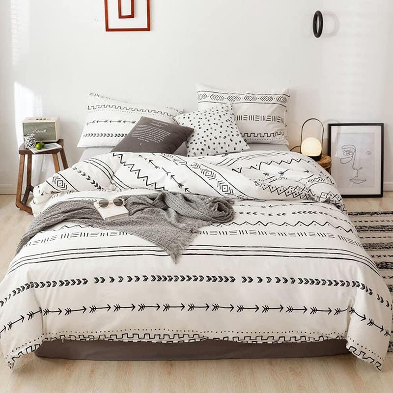 Cotton Quilt Cover Set, 4 Pieces, 240×200 cm - White Black