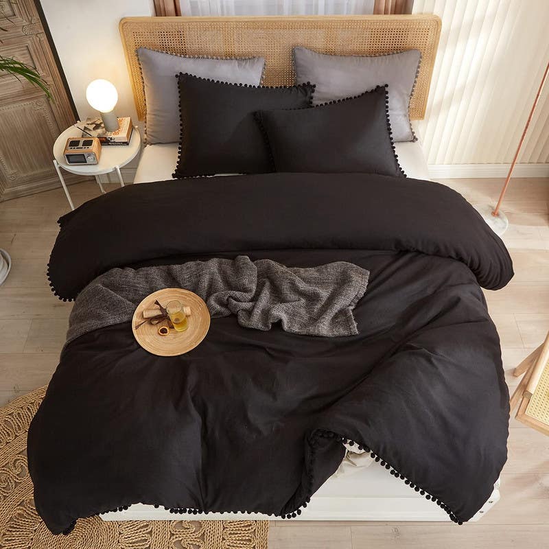 Cotton Quilt Cover Set, 4 Pieces, 240×200 cm - Black