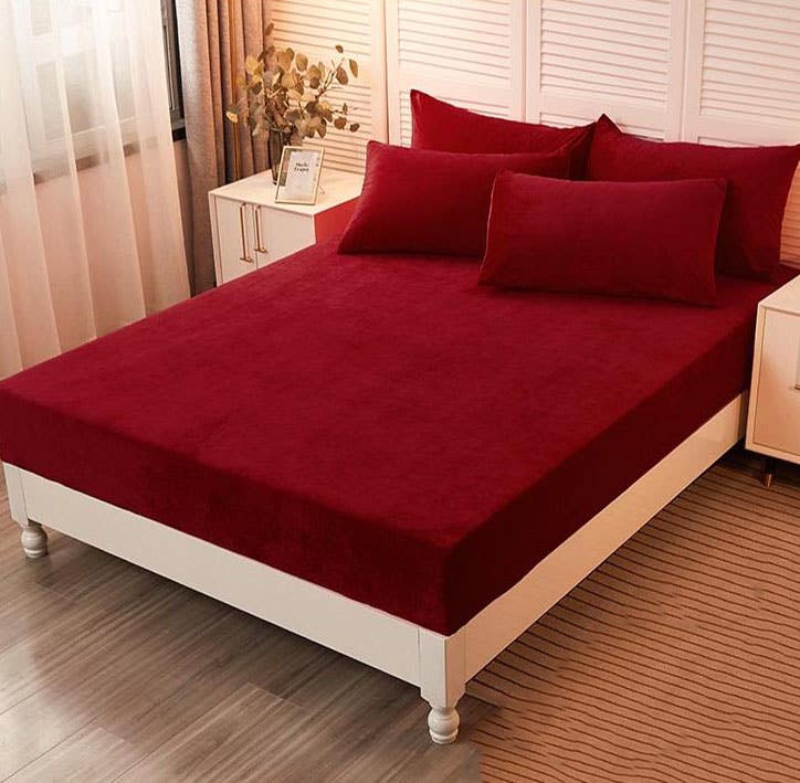 Velvet Mattress Cover Set, 3 Pieces, 240×240 cm - Dark Red