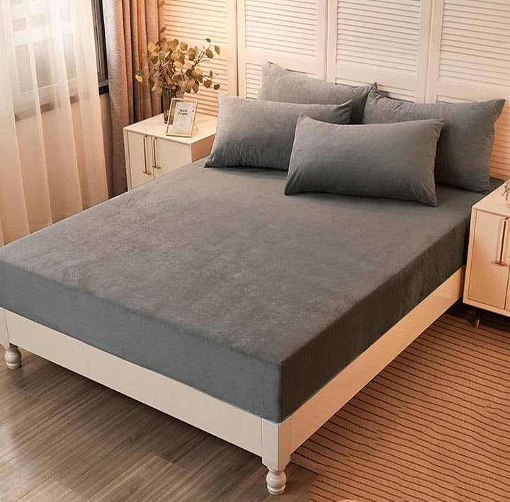 Velvet Mattress Cover Set, 3 Pieces, 240×240 cm - Grey