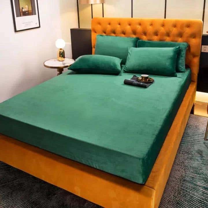 Velvet Mattress Cover Set, 3 Pieces, 240×240 cm - Green
