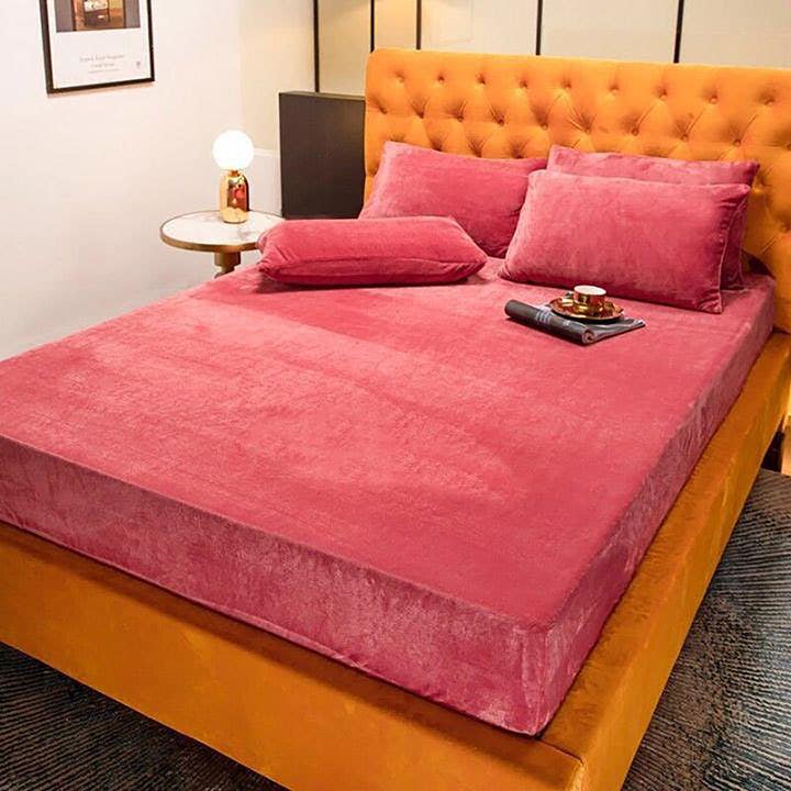 Velvet Mattress Cover Set, 3 Pieces, 240×240 cm - Rose