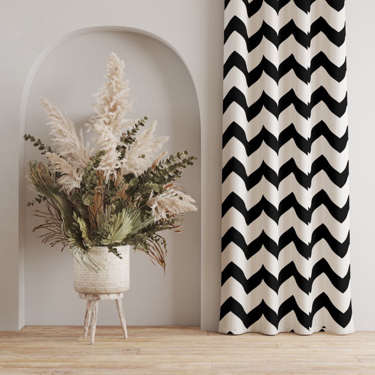 Velvet Curtain, 1 Piece, 250×145 cm - Black Off White