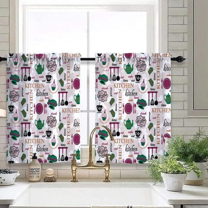 Velvet Kitchen Window Curtain, 2 Pieces, 150×100 cm - MultiColor