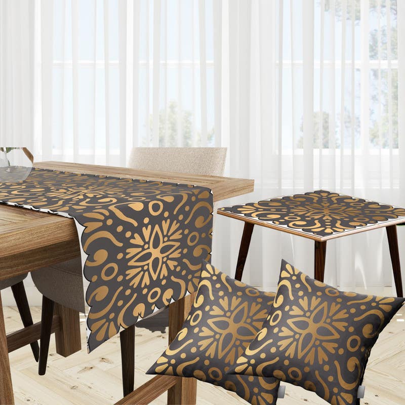 Velvet Runner Dinner Tablecloth, With 2 Cushion Covers - Multicolor, With 2 Side Tablecloth Free