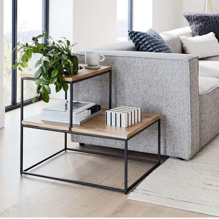 Metal Side Table With MDF Wood Surface, 80 × 60 × 55 cm - Black Beige
