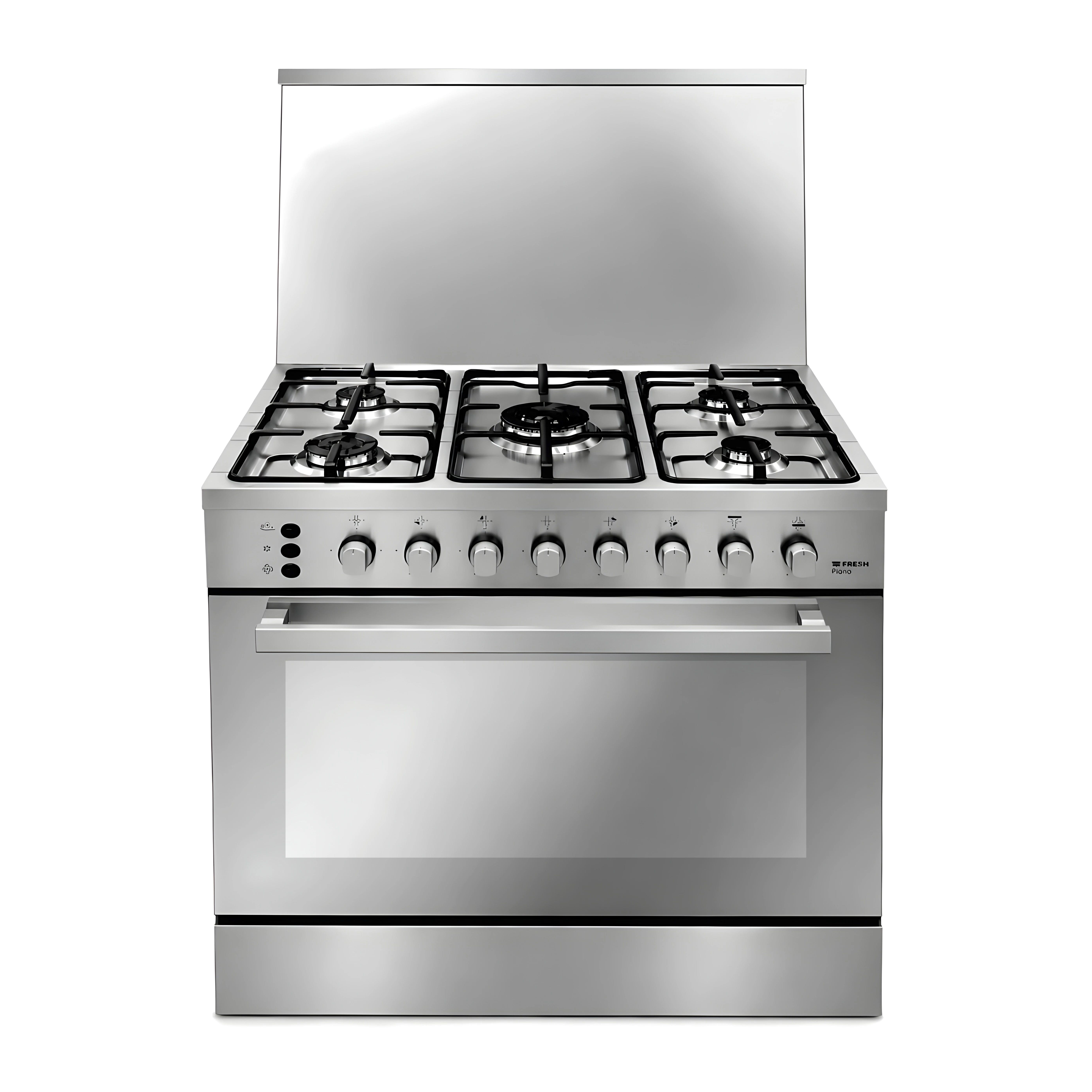Fresh Plaza Plus Gas Cooker, 5 Burners, 60×90 cm, Full Safety, Fan - Silver
