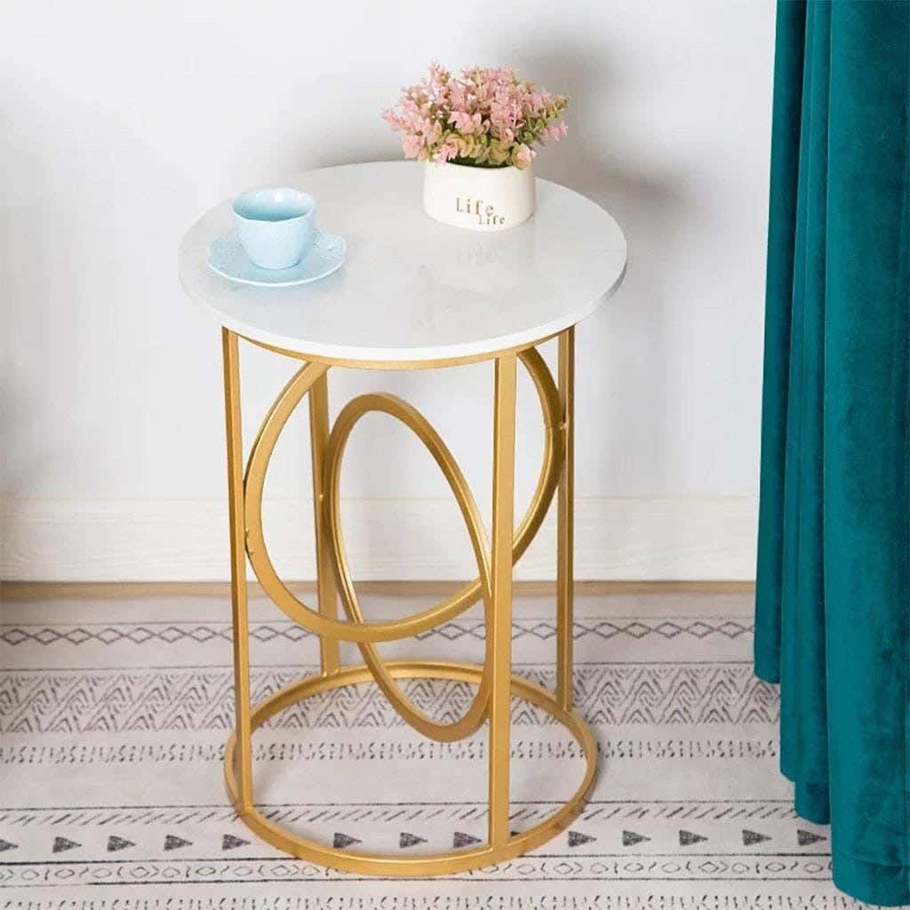 Metal Side Table, Carrara Marble Surface, Electrostatic Paint, 40 × 40 × 50 cm - White Gold