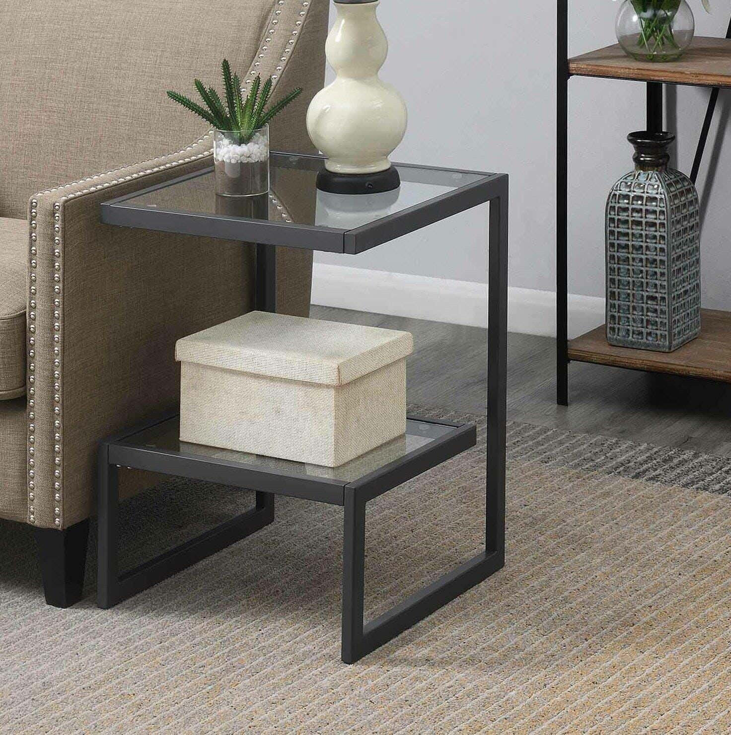 Metal Side Table With Glass Surface, 45 × 45 × 50 cm - Black