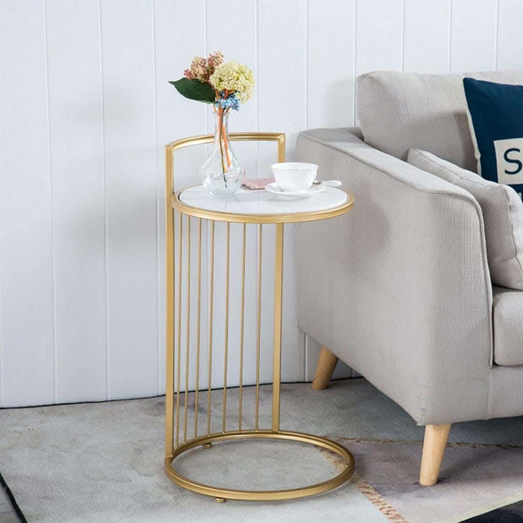 Metal Side Table With Carrara Marble Surface, 40 × 40 × 50 cm - White Gold