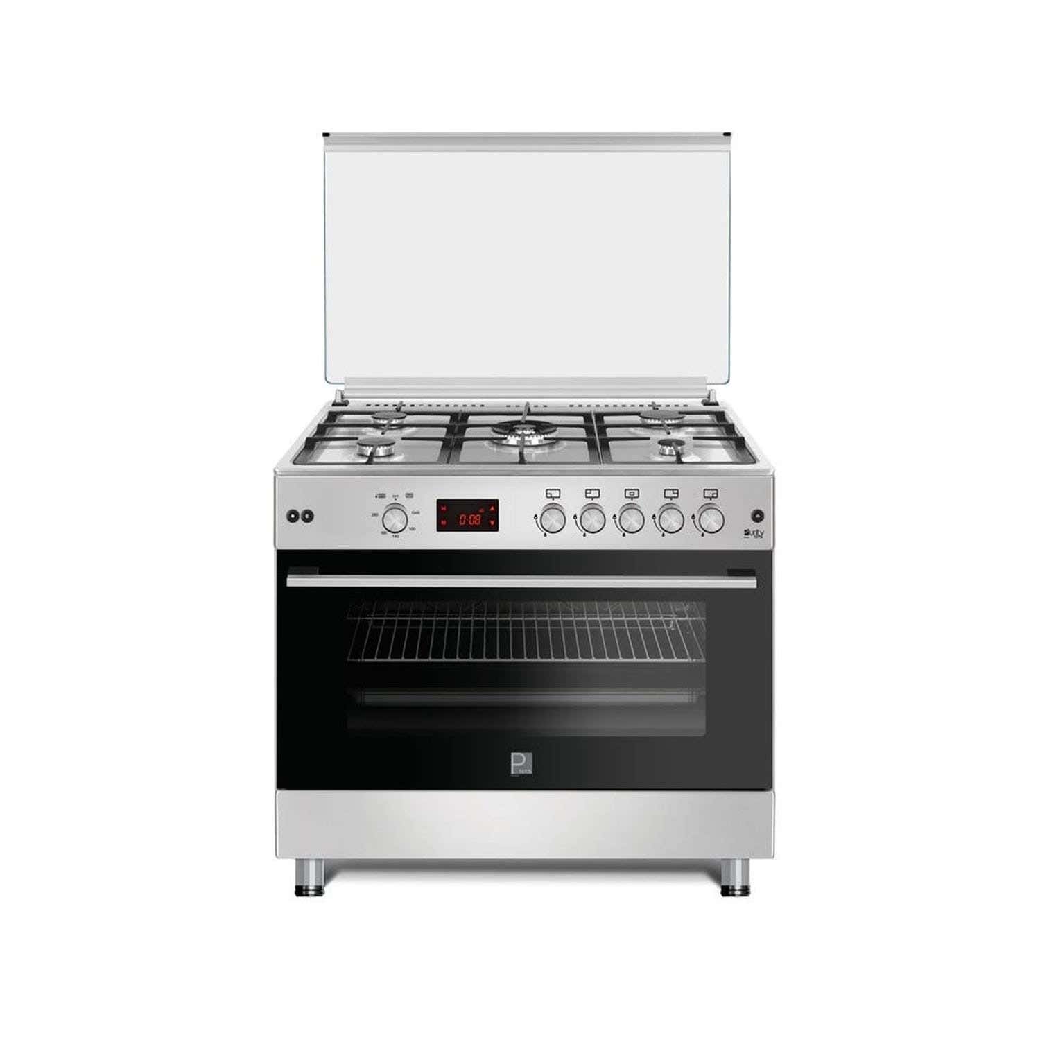 Purity FRGG9050 Freestanding Gas Stove With Glass Lid, 90 cm, 5 Burners - Silver