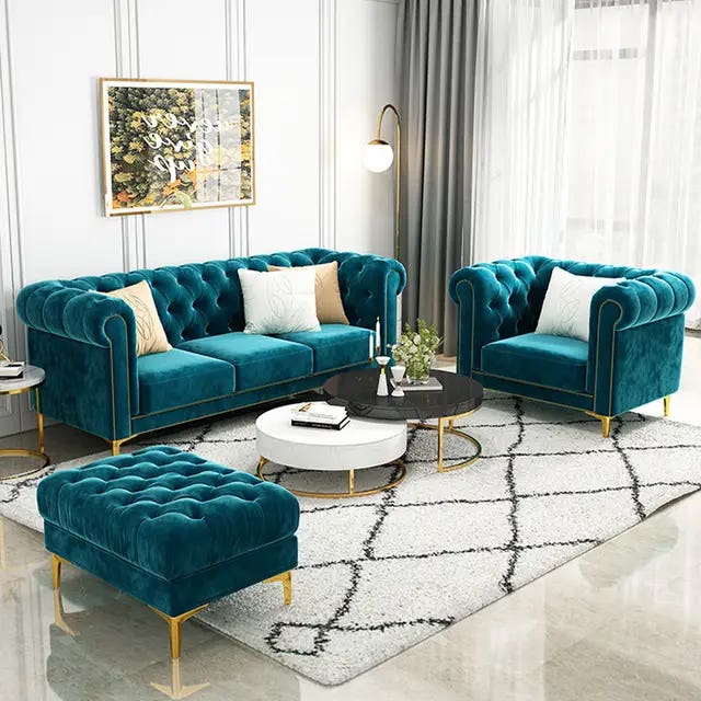 Beech Wood And Velvet Fabric Living Room Set Of 3 Pieces - Genzary