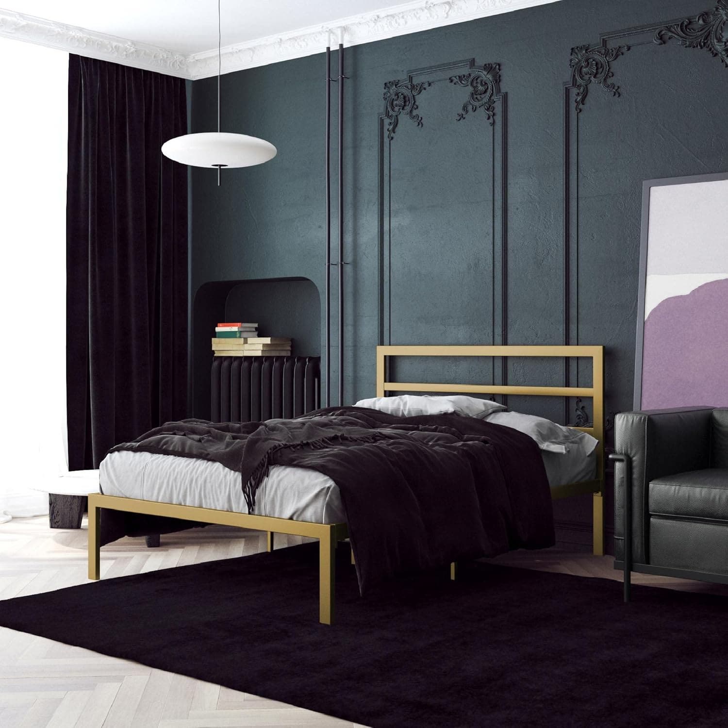 Metal Queen Bed with Wooden Slats, 90×120×200 Cm - Golden