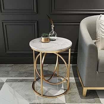 Metal Side Table, Carrara Marble Top, 50×50×60 Cm - Gold