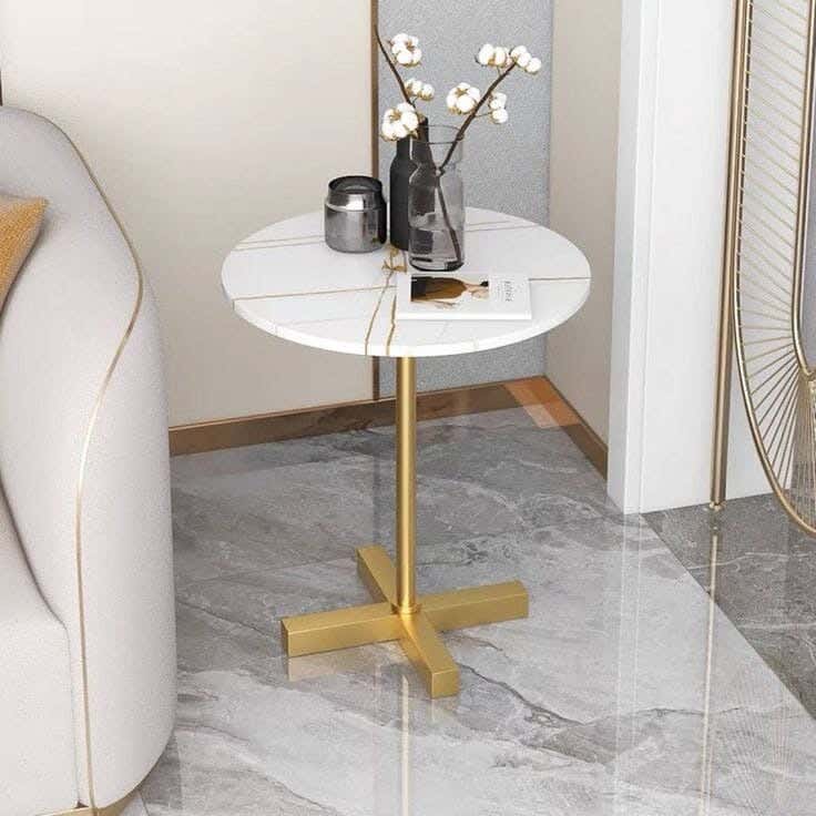 Metal Side Table, Carrara Marble Top, 40×40×55 Cm - Gold