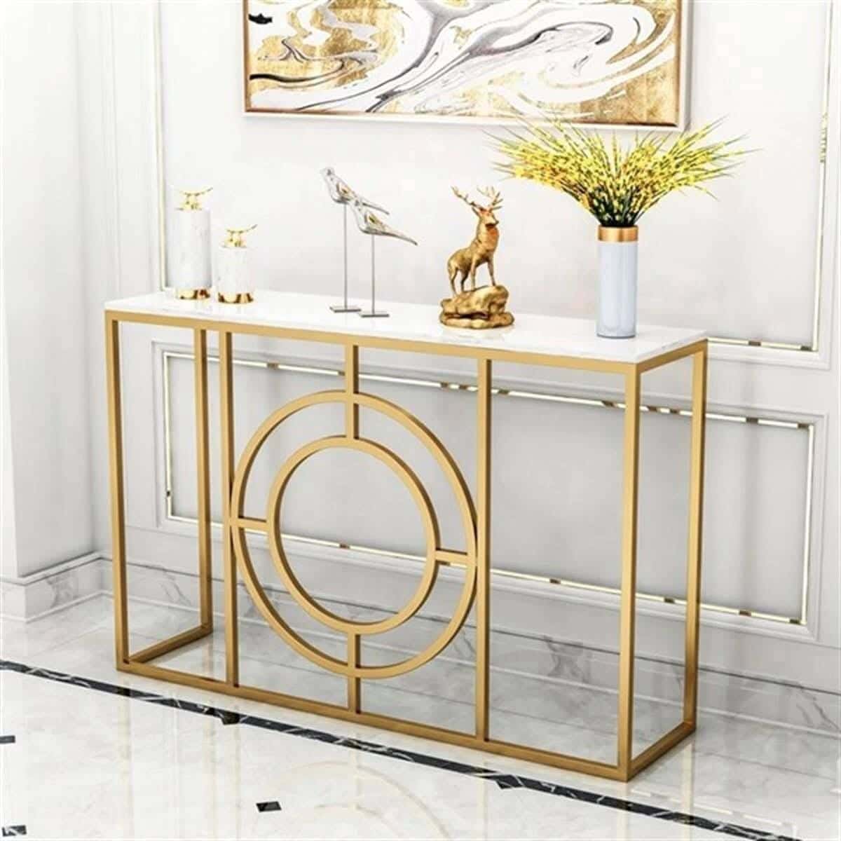 Metal Console Table, Carrara Marble Top, 120 × 40 × 90 Cm - Gold