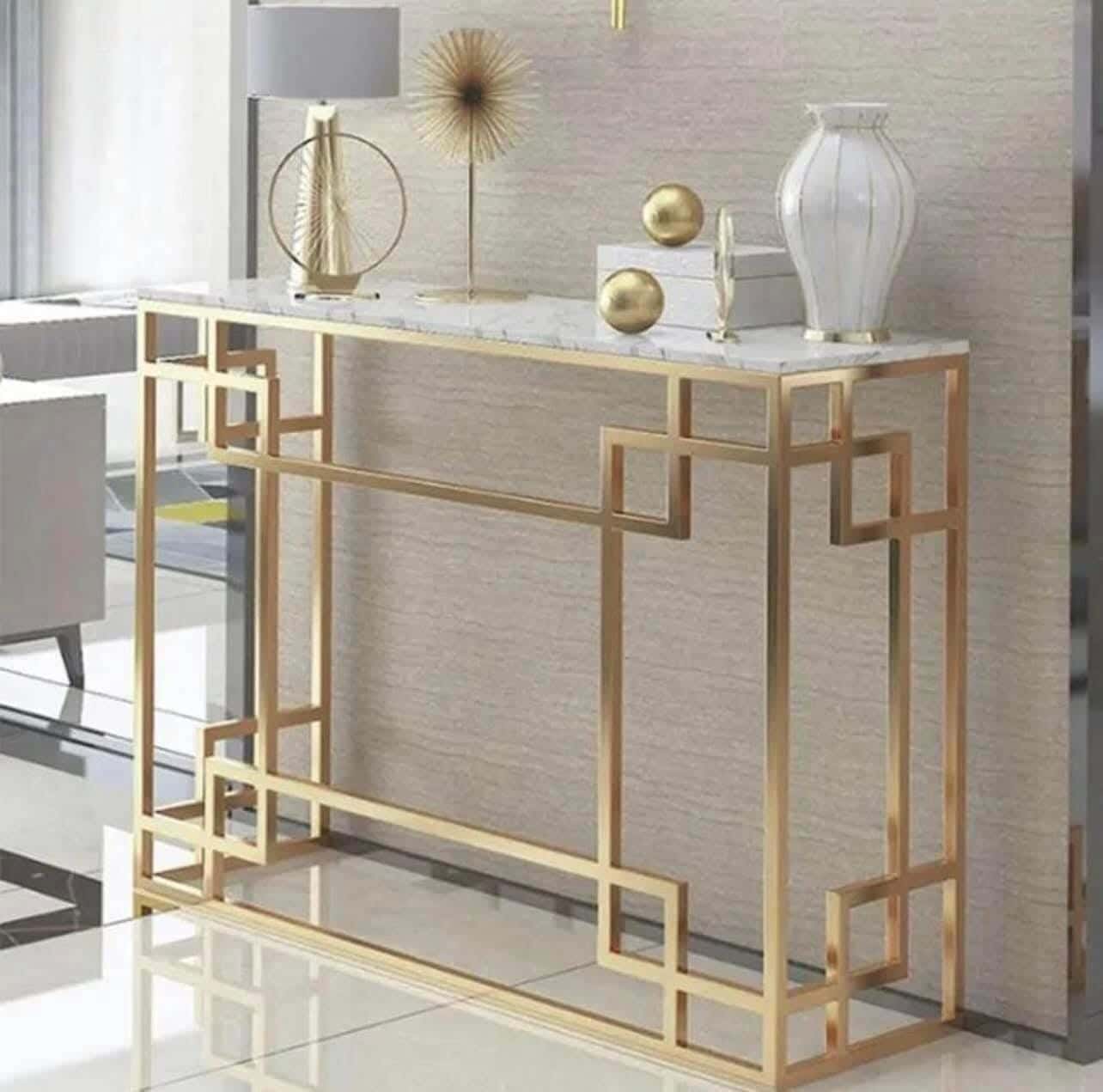 Metal Console Table, Carrara Marble Top, 120 × 40 × 90 Cm - Gold