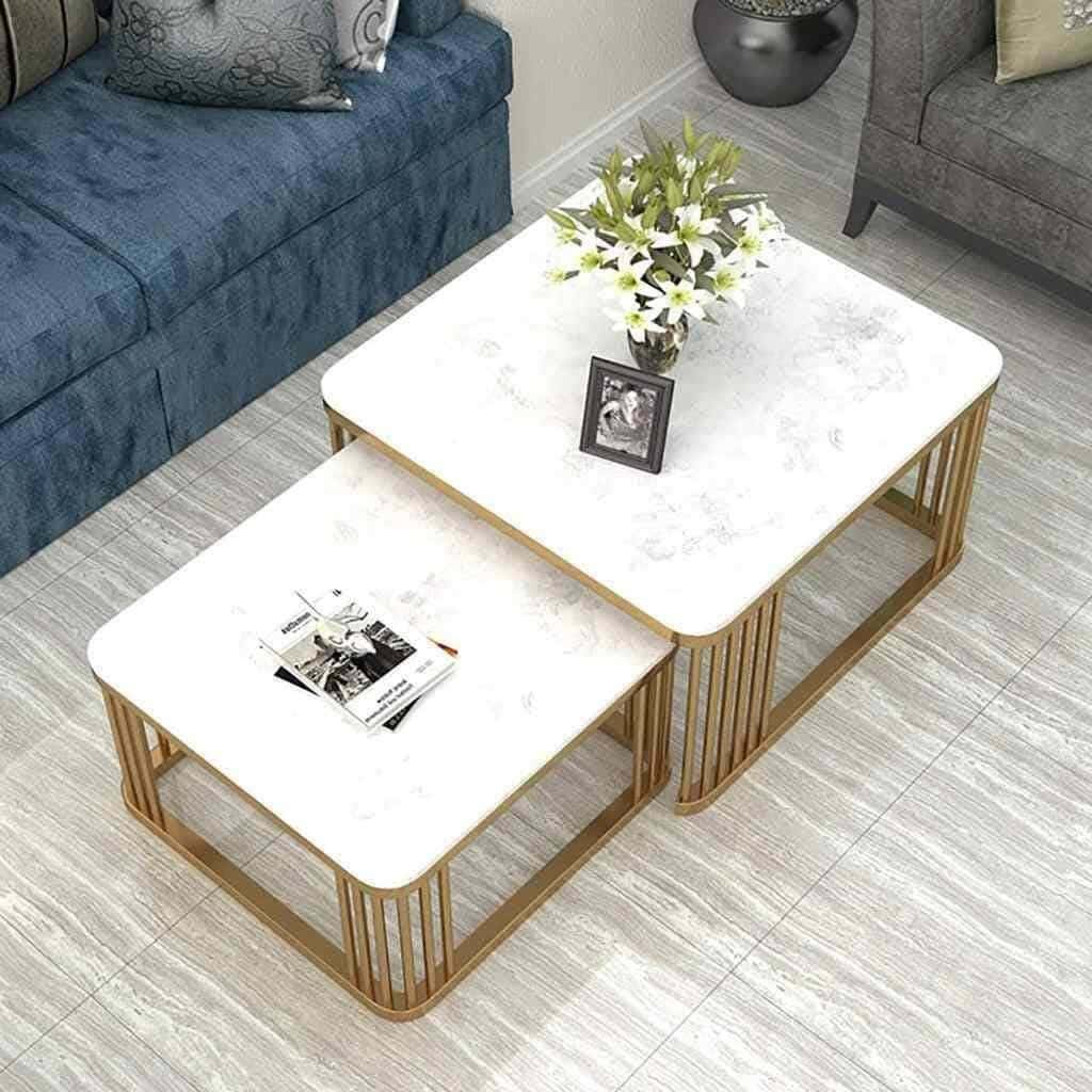 Metal Center Table Set, Carrara Marble Top - Gold