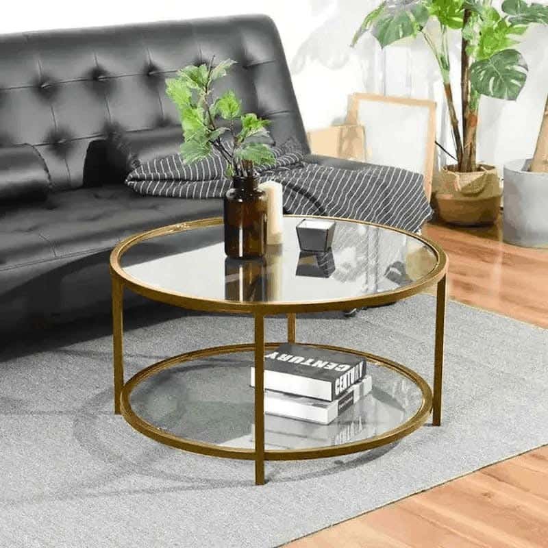 Metal Center Table, 6 Mm Clear Glass Top, 70 × 70 × 45 Cm - Gold