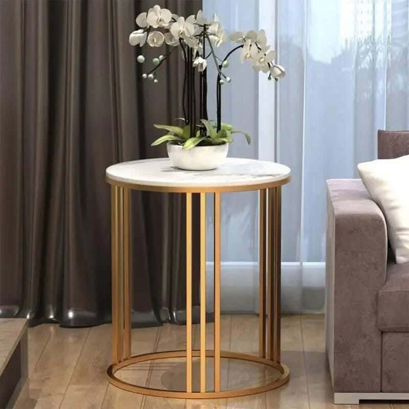 Metal Side Table, Carrara Marble Top, 50×50×60 Cm - Gold