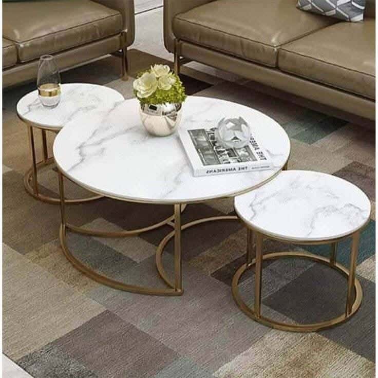Metal Center Table Set, Carrara Marble Top - Gold