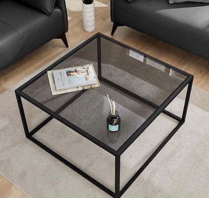 Metal Center Table, 6 Mm Glass Surface, 90 × 90 × 45 Cm - Black