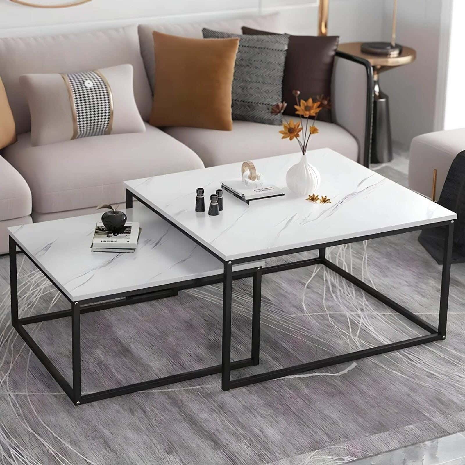 Metal Center Table Set, Carrara Marble Top - Black