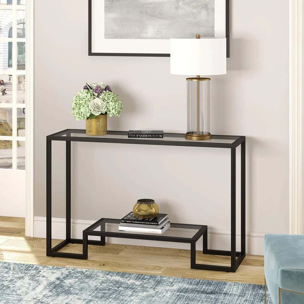 Metal Console Table, 6Mm Clear Glass Top, 120×40×90 Cm - Black