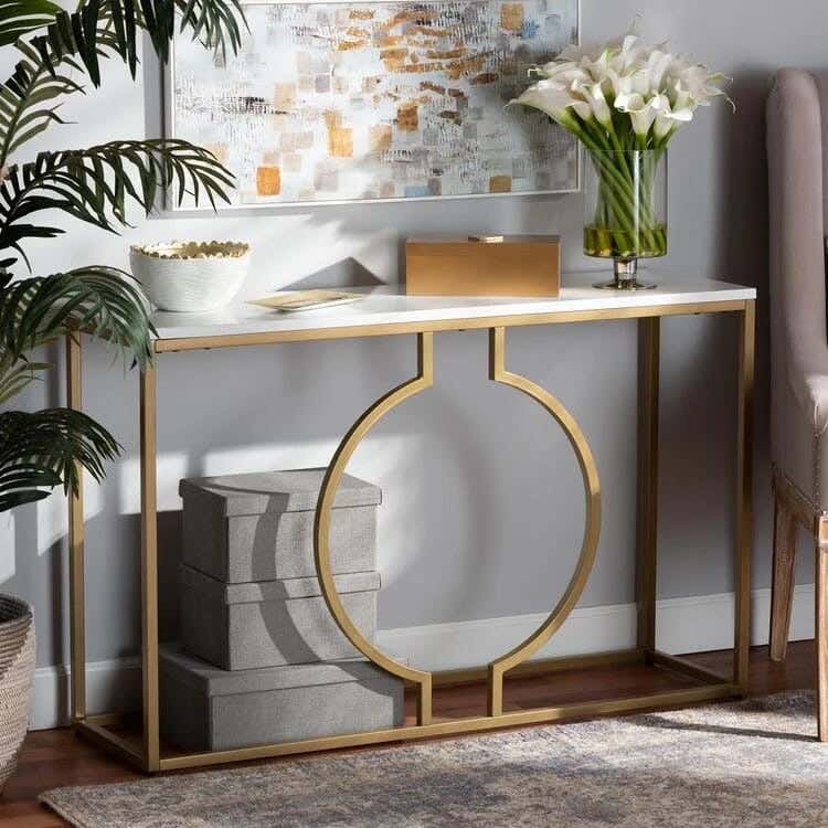 Metal Console Table, Carrara Marble Top, 120 × 40 × 90 Cm - Gold