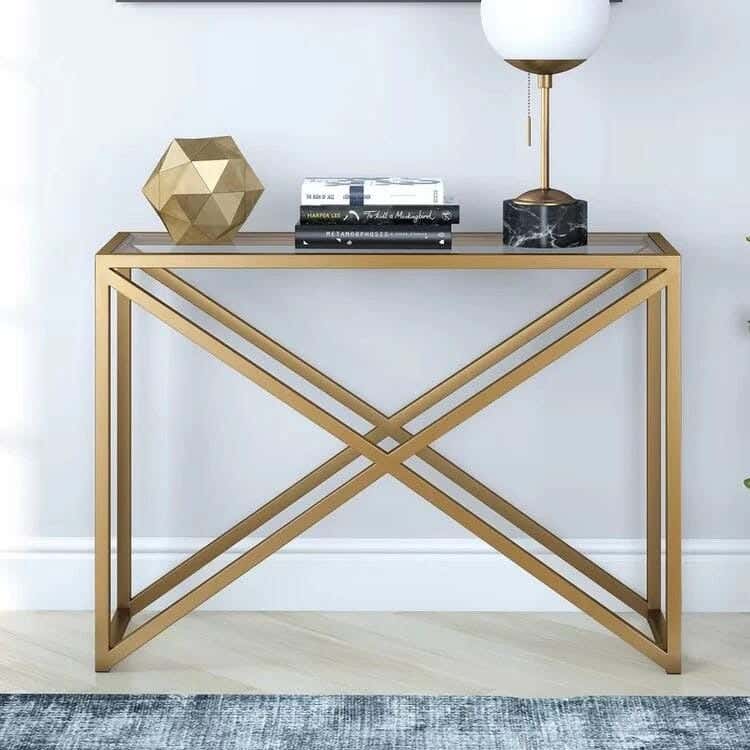 Metal Console Table, 6Mm Clear Glass Top, 120×40×90 Cm - Gold