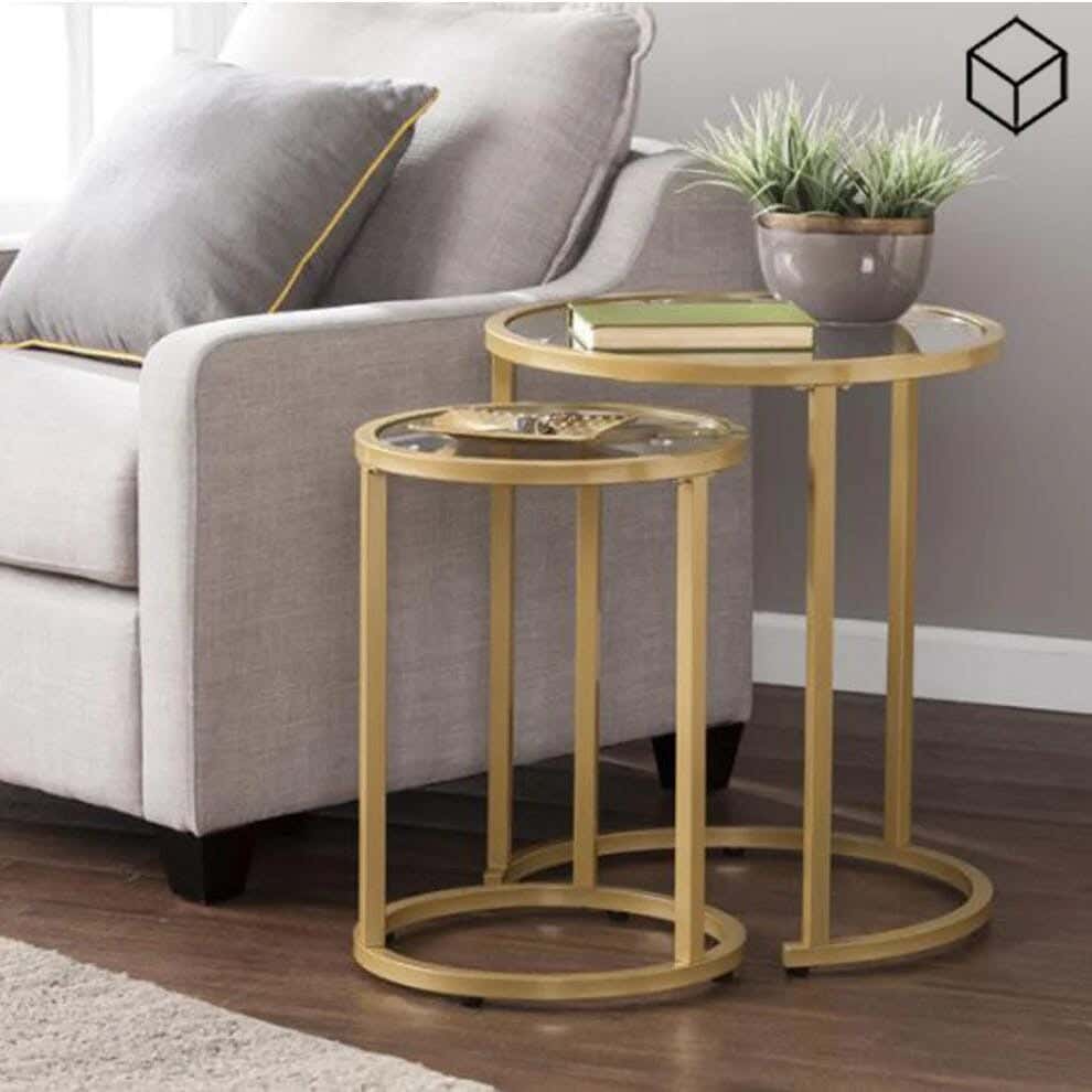 Metal Side Table Set, 6Mm Clear Glass Top - Gold