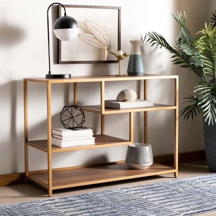 Metal Console Table, MDF Wood Top, 120×40×90 Cm - Gold